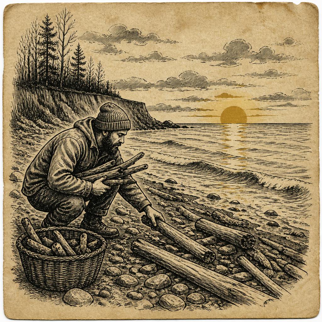 Ink drawing of Monkey Mike crouched on a Lake Erie beach at dawn, gathering driftwood into a basket