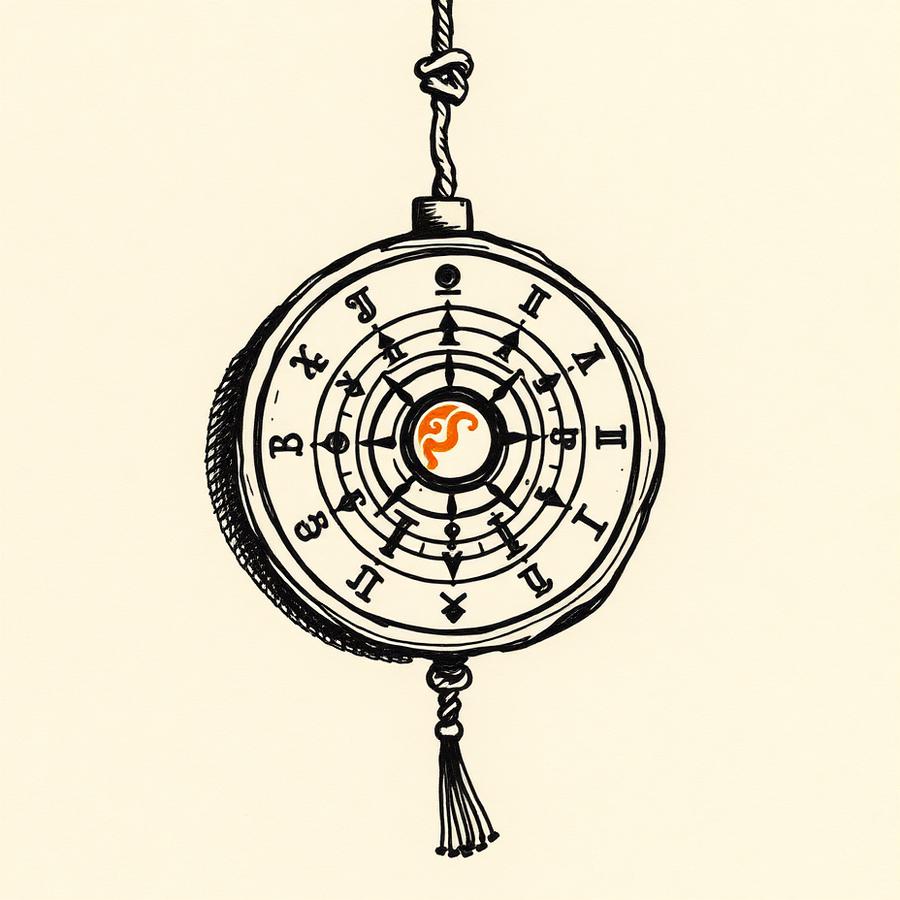 Ink drawing of a wooden car-mirror hanger with a burned zodiac wheel