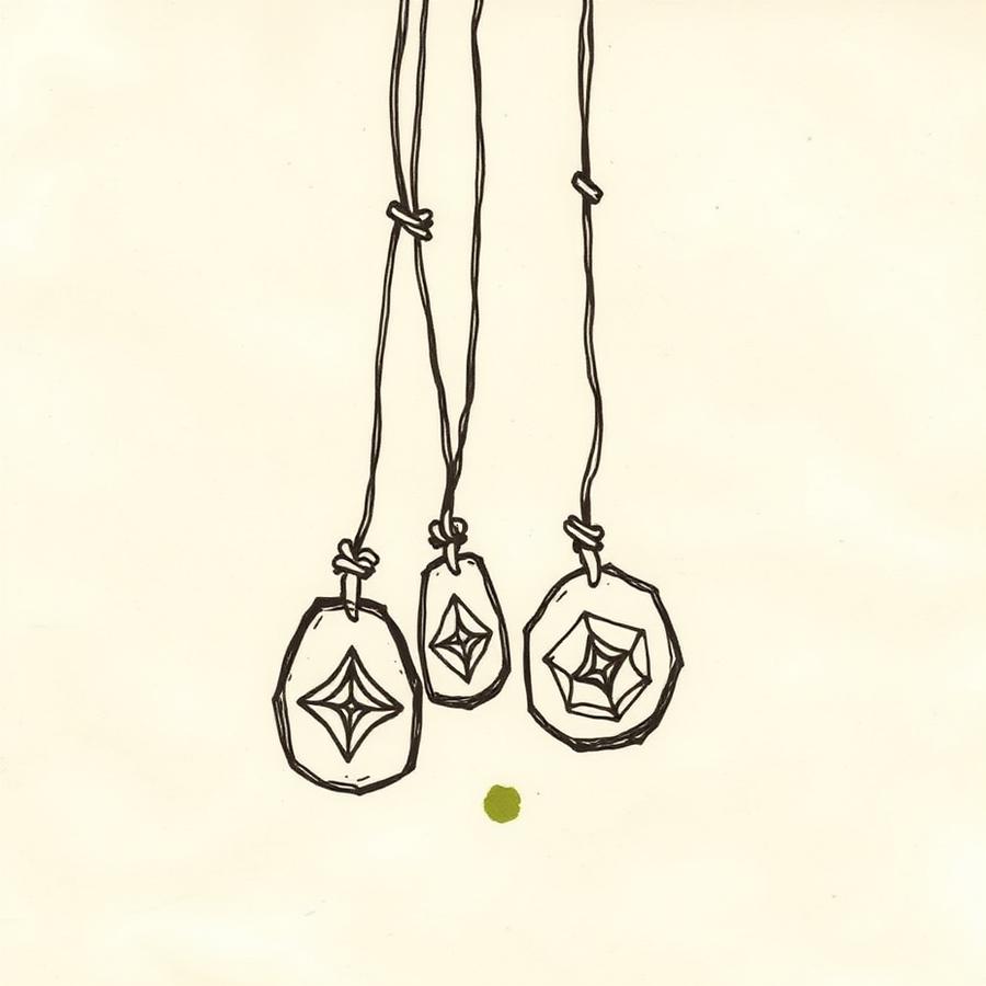 Ink drawing of three wood-burned driftwood pendants hanging on hemp cords