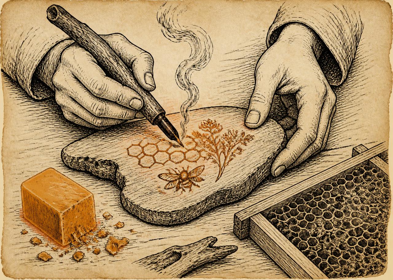 Ink drawing of hands burning a design into a driftwood slice, beeswax block and hive frame nearby